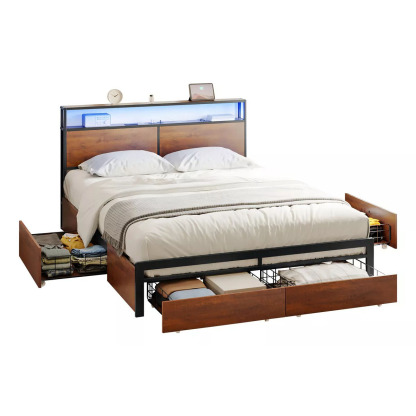 Cama Matrimonial Full Base+ Cabecera+ Cajones Luces Led Usb Color Marrón