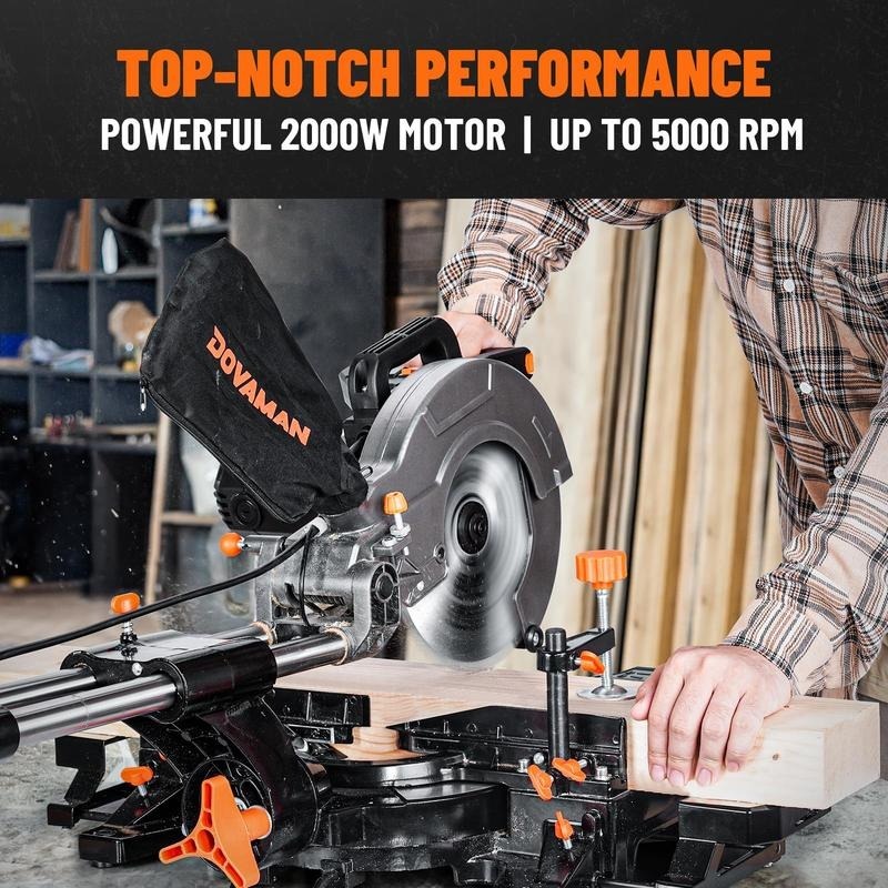 Sierra ingletadora deslizante de bisel simple DOVAMAN de 10 pulgadas y 15 A, con 3 hojas, 4500/3200 RPM, capacidad de corte máxima de 3,5 x 13,4 pulgadas, 9 topes de posición fija para madera, PVC o metales blandos.