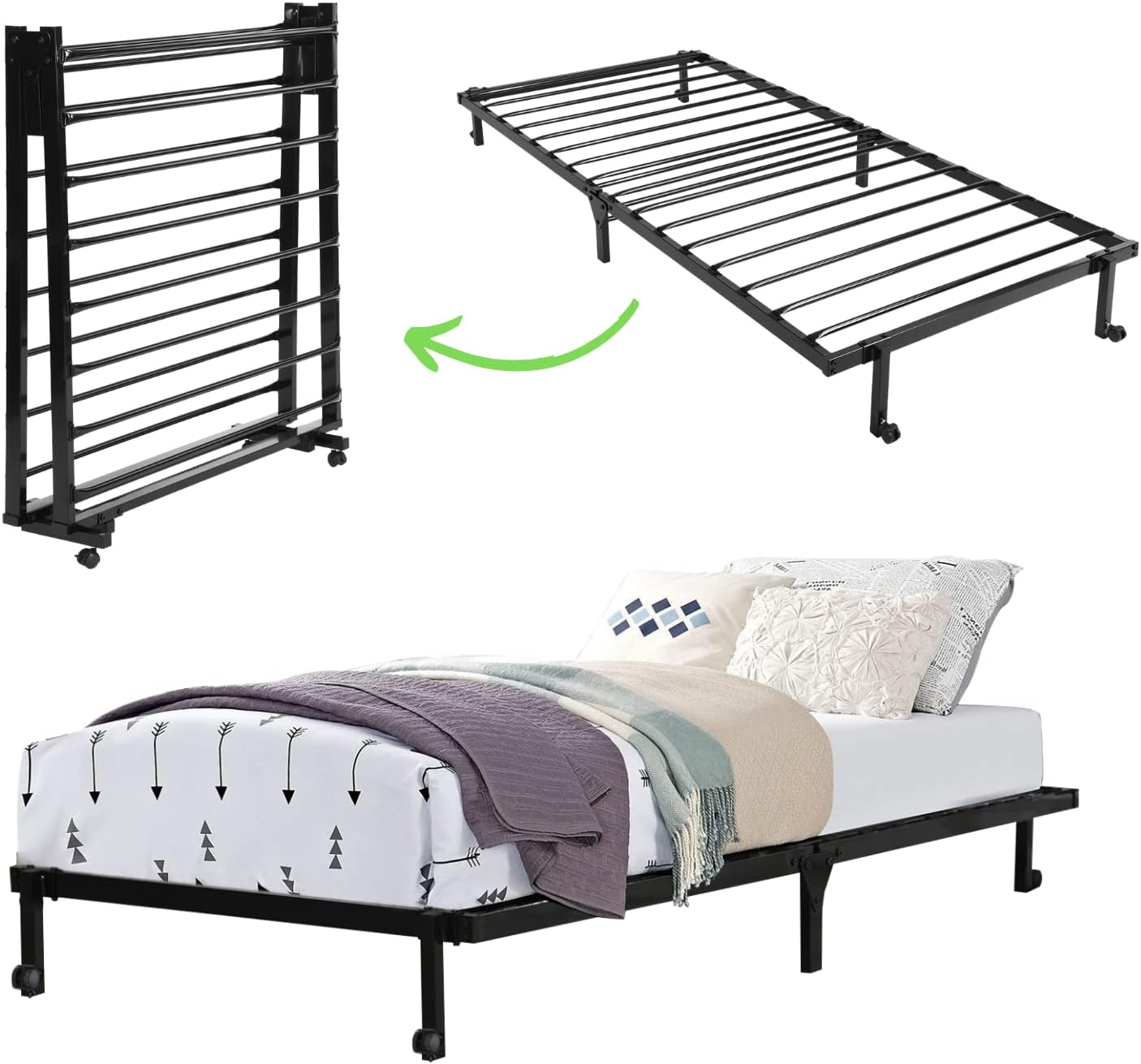 HOMEMAKE FURNITURE Marco de Cama de Metal, Cama Individual Plegable, Somier Individual Base de Cama, No Necesita Somier, Ahorra Espacio Almacenamiento, Negro