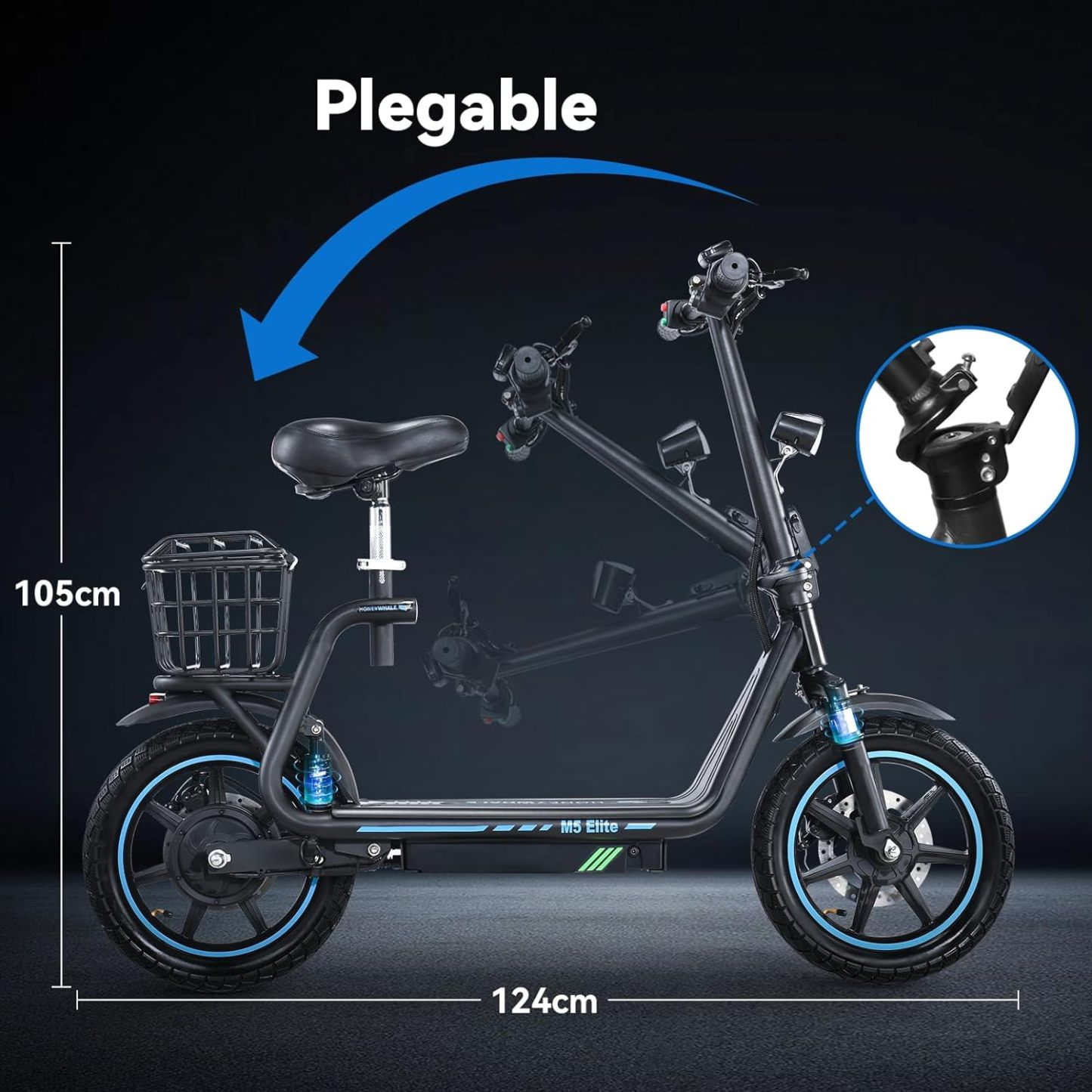HONEYWHALE M5 Elite Scooter Eléctrico de Adultos, Patín Eléctrico Plegable con Asiento, Motor de 750 W de Potencia Máxima, Velocidad Máxima 40KM/H, Batería 15AH, Autonomía 40KM, Scooter de Movilidad