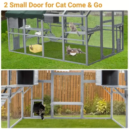 Gallinero de 110" para gatos, recinto grande para gatos, jaula de madera para gatos, conejera para conejos, casa para gatitos al aire libre con puentes, paseos, casitas, cubierta de techo.