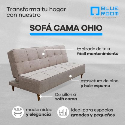 Blue Room Sofá Cama Matrimonial o Futón Reclinable Respaldo Abatible Color Beige Diseño Moderno Patas de Madera 188x88x80