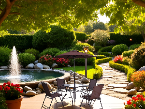 A cozy outdoor space with a wooden fence backdrop, potted flowers, and warm sunlight filtering throu