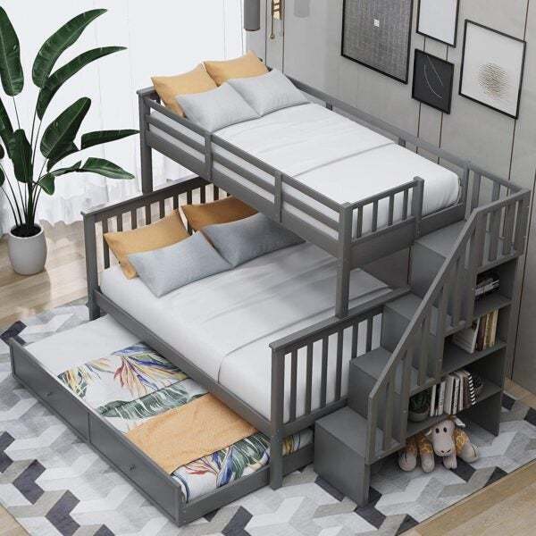 Oferta de liquidación: litera doble sobre una cama completa con cajón, 4 espacios de almacenamiento y barandilla