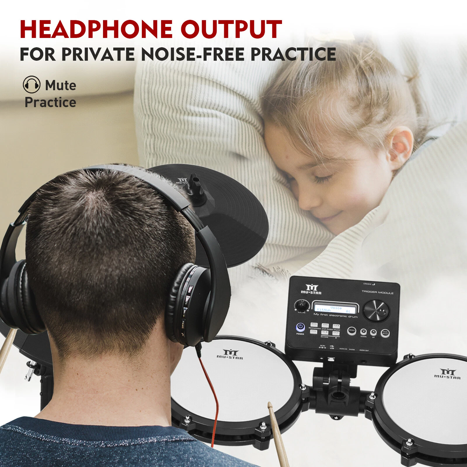 Juego de batería eléctrica almohadillas de malla caja de doble zona con USB MIDI, 2 pedales, auriculares