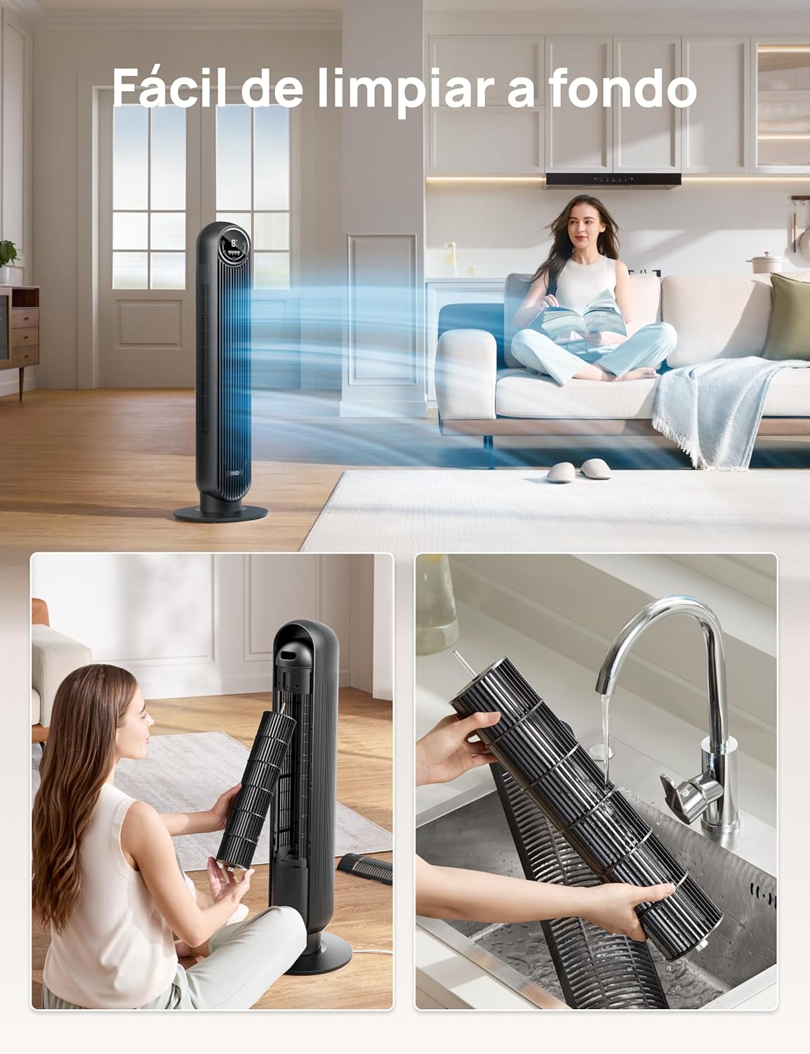 DREO Ventilador de Torre 92cm, 7,6m/s Ventilador Silencioso Habitación, Oscilación 90° Ventilador Portatil con 4 Velocidades y 4 Modos, Temporizador 8H, para Hogar y Oficina, Negro