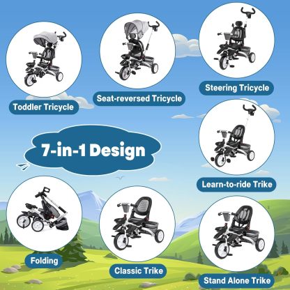 Babevy - Triciclo para bebé, 7 en 1, Plegable con Mango de Empuje Ajustable extraíble, toldo, Asiento Giratorio, arnés de Seguridad, portavasos y Almacenamiento, Triciclo para niños de 1 a 5 años