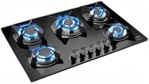 AVERA Parrilla de Gas Premium de 5 Quemadores, Vidrio Templado Negro 77cm (Incluye accesorios) Empotrable, Encendido Electronico, Perillas Metalicas, Estufa Empotrable, para Gas LP y Natural, VT5