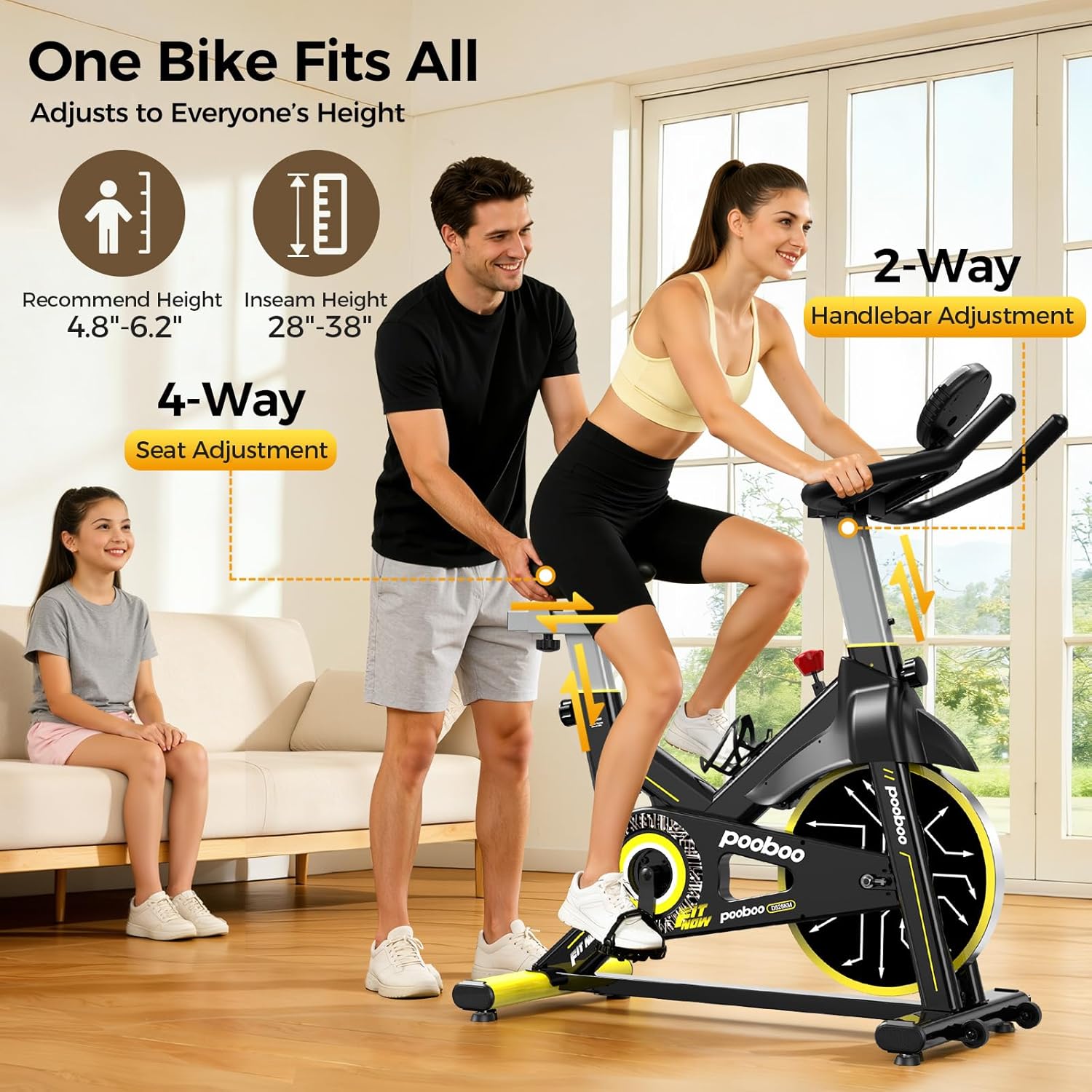 Pooboo - Bicicleta estática ajustable, magnética/almohadilla de freno, silenciosa transmisión por correa, bicicleta de ciclismo interior para el hogar, cardio, bicicleta estacionaria de fitness con
