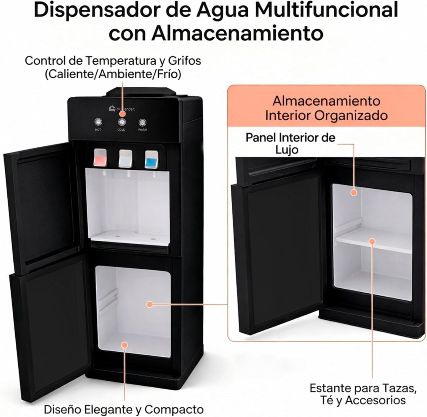 Bluelander Dispensador de Agua Garrafón 28 * 26 * 89 cm, 3 Ajustes de Temperatura (Fría, Caliente, Tibia), Despachador de Agua con Grifos Metálicos, Gabinete de Almacenamiento (Negro)