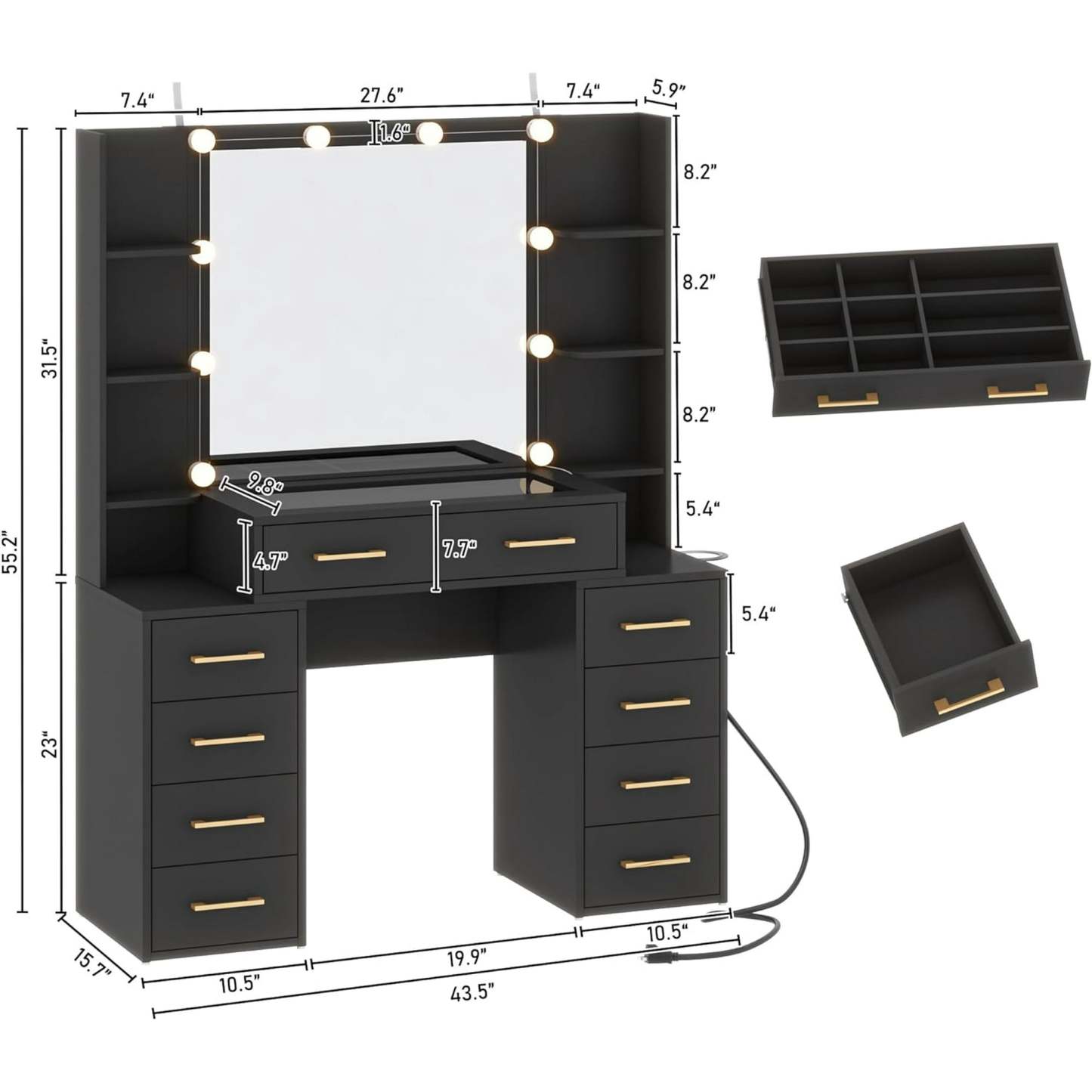 Tocador negro con espejo y luces LED, tocador con tapa de cristal con estación de carga y cajones de almacenamiento con compartimentos, mesa de tocador de maquillaje grande de 43 pulgadas con 9 cajones y 6 estantes