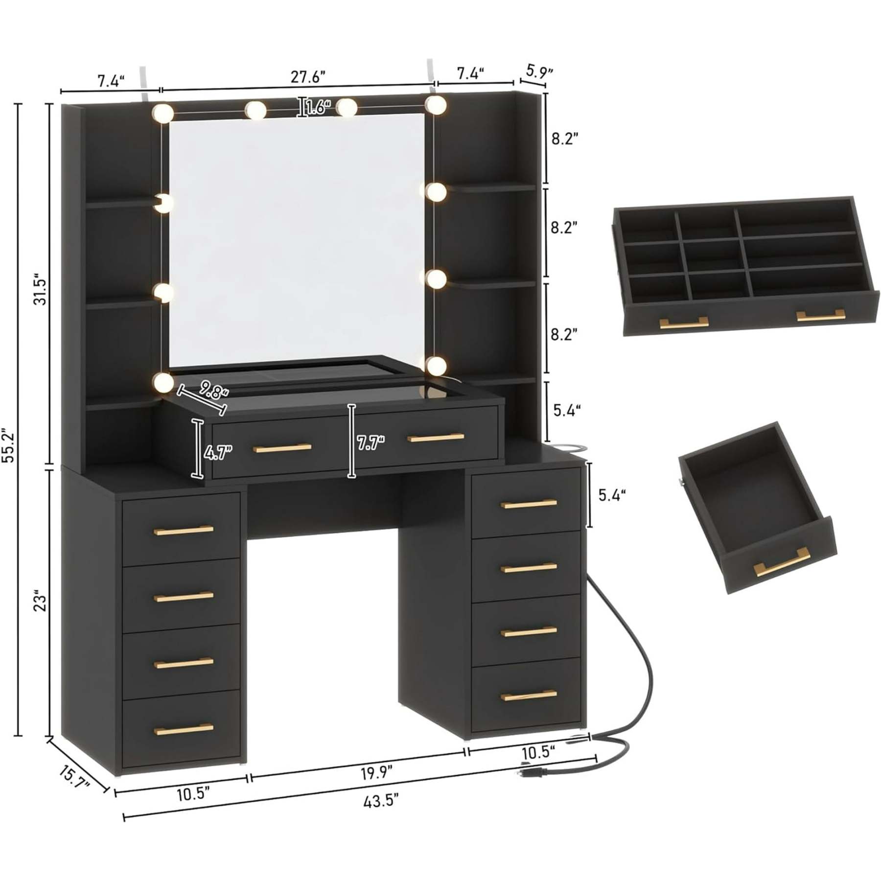 Tocador negro con espejo y luces LED, tocador con tapa de cristal con estación de carga y cajones de almacenamiento con compartimentos, mesa de tocador de maquillaje grande de 43 pulgadas con 9 cajones y 6 estantes