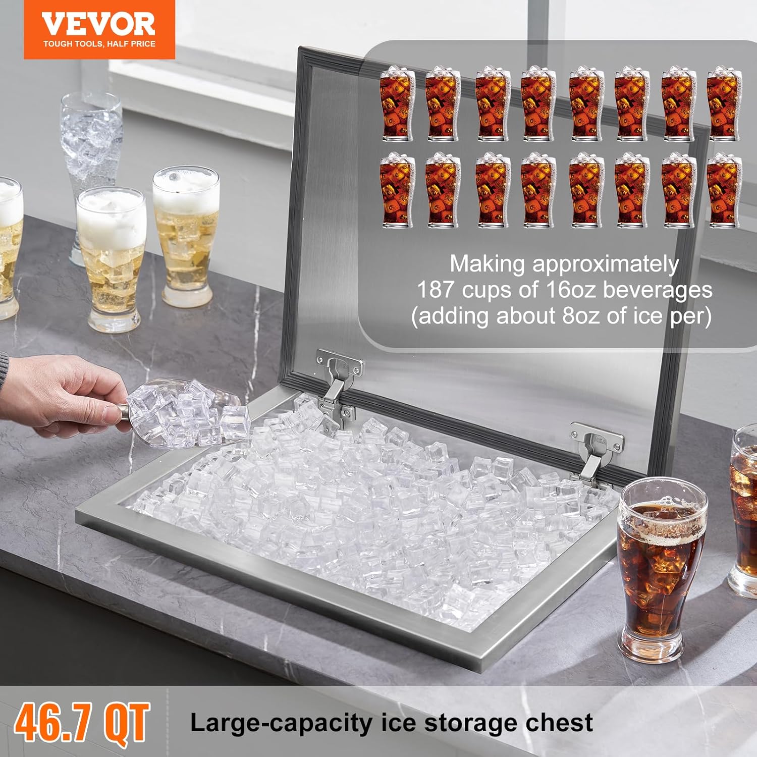 VEVOR - Cofre de Hielo de 20 Pulgadas de Largo x 16 Pulgadas de Ancho x 13 Pulgadas de Alto, Enfriador de Acero Inoxidable con Barra de Cubierta con bisagras, cubeta de Hielo de 40.9 Cuartos de galón