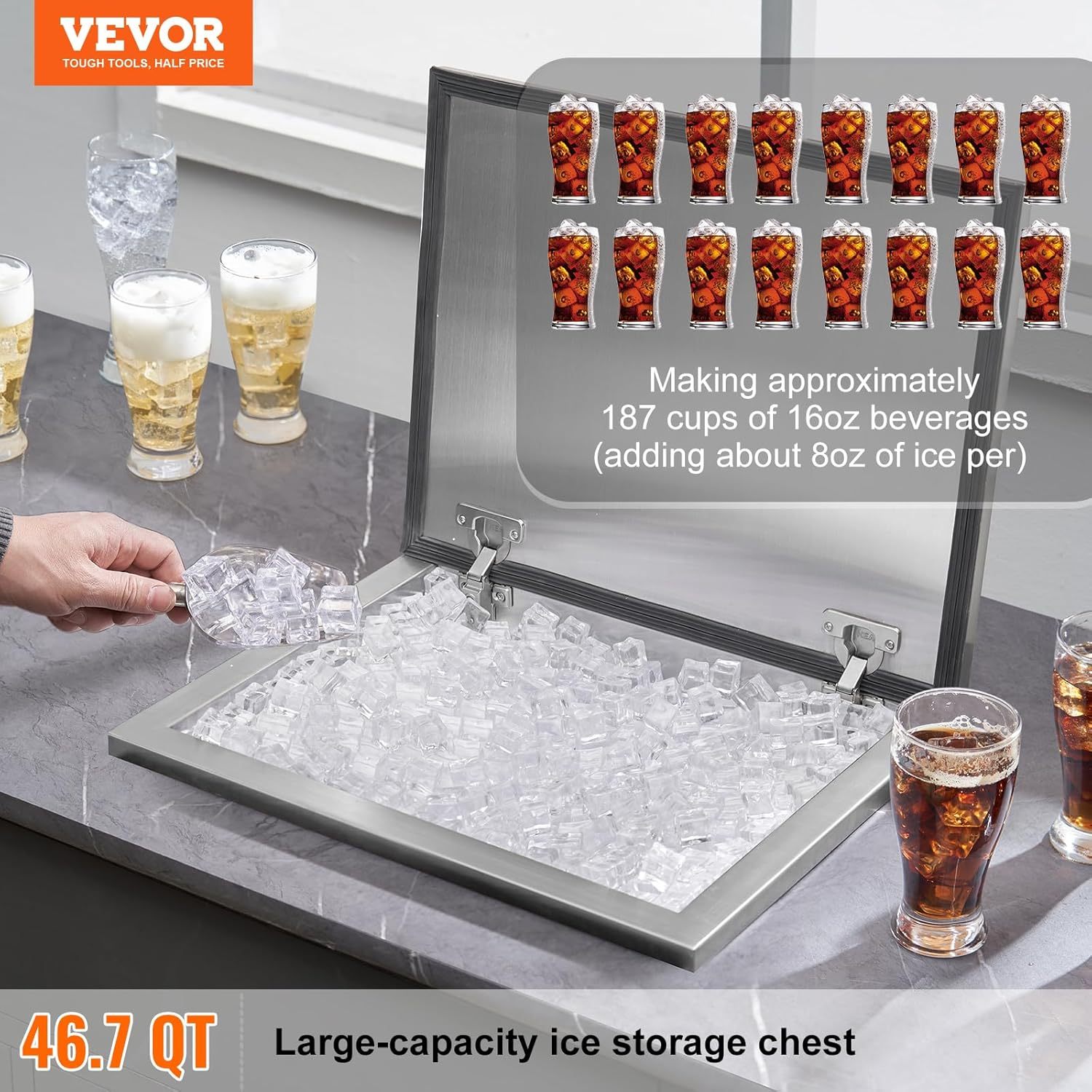 VEVOR - Cofre de Hielo de 20 Pulgadas de Largo x 16 Pulgadas de Ancho x 13 Pulgadas de Alto, Enfriador de Acero Inoxidable con Barra de Cubierta con bisagras, cubeta de Hielo de 40.9 Cuartos de galón