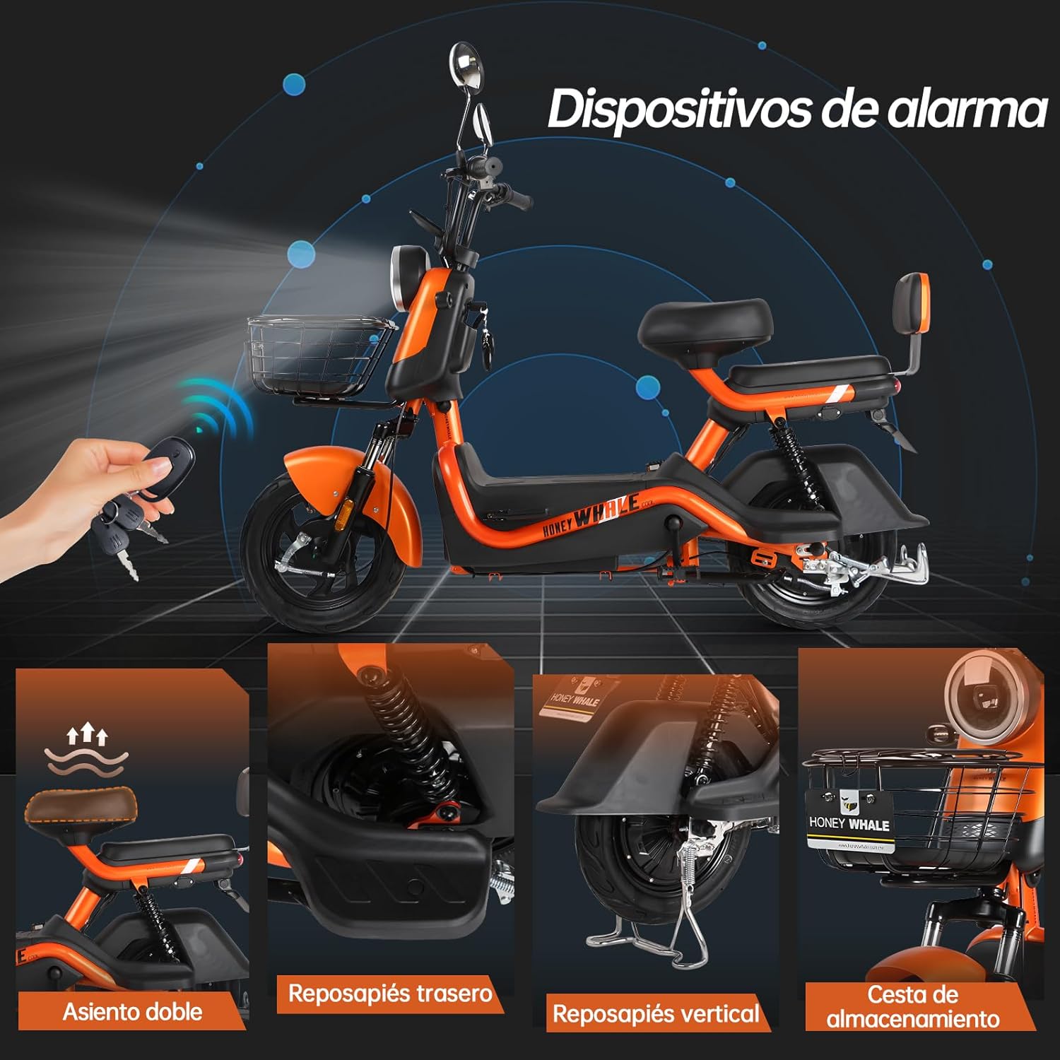 HONEYWHALE U3s Bicicleta eléctrica para adultos, bicicleta eléctrica con alarma, motor máximo 650W, velocidad máxima 31KM/H, autónoma 55-60KM, batería de gran capacidad 20AH, dos asientos----luces de coche