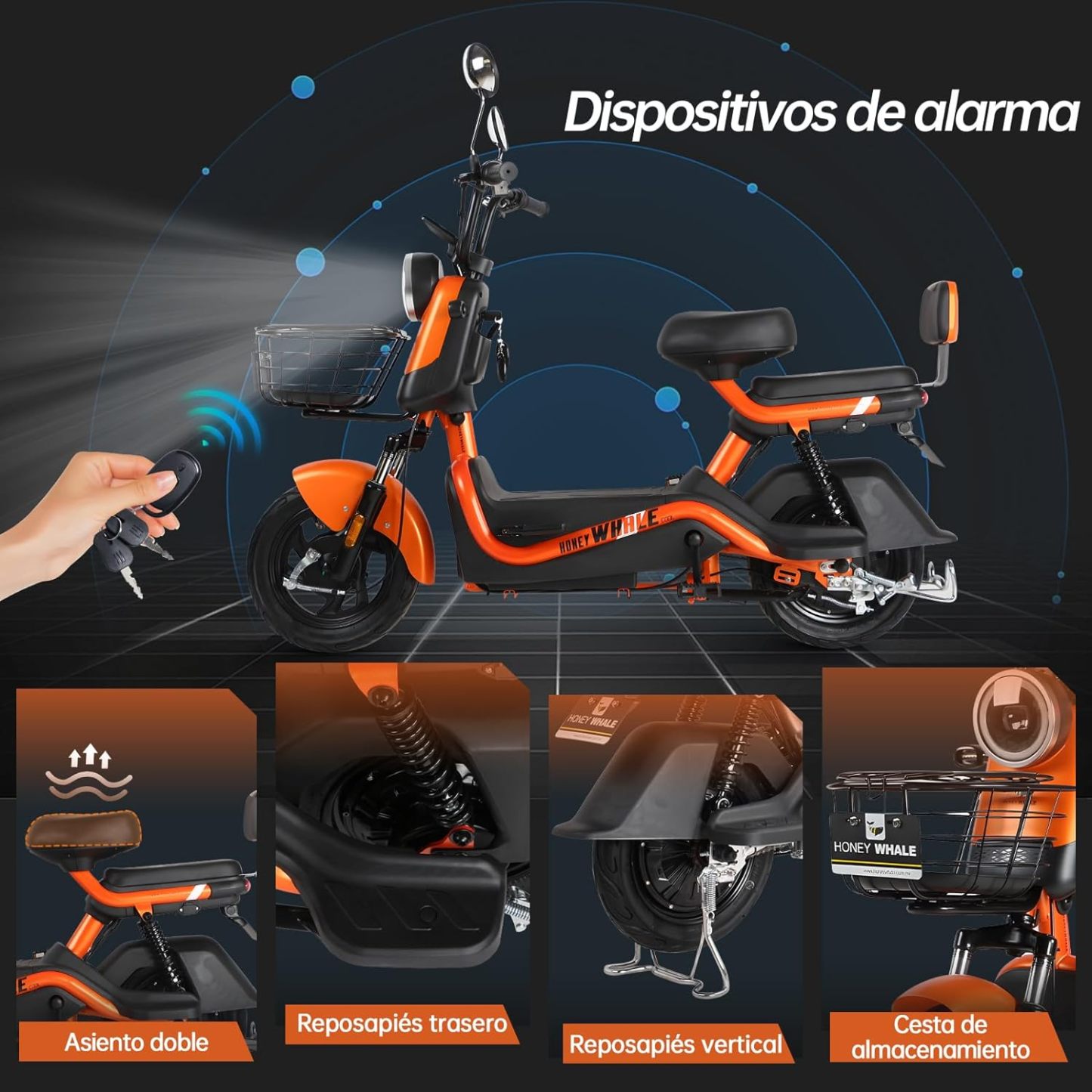 HONEYWHALE U3s Bicicleta eléctrica para adultos, bicicleta eléctrica con alarma, motor máximo 650W, velocidad máxima 31KM/H, autónoma 55-60KM, batería de gran capacidad 20AH, dos asientos----luces de coche