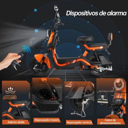 HONEYWHALE U3s Bicicleta eléctrica para adultos, bicicleta eléctrica con alarma, motor máximo 650W, velocidad máxima 31KM/H, autónoma 55-60KM, batería de gran capacidad 20AH, dos asientos----luces de coche