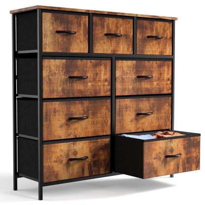 Yanming Cómoda de Tela con 9 cajones, Estructura de Acero y Tapa de Madera para Dormitorio, Armario, Entrada