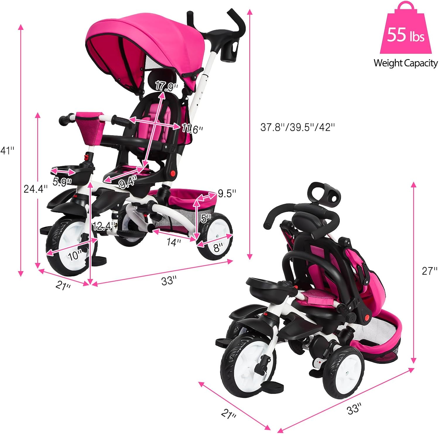 Babevy - Triciclo para bebé, 7 en 1, Plegable con Mango de Empuje Ajustable extraíble, toldo, Asiento Giratorio, arnés de Seguridad, portavasos y Almacenamiento, Triciclo para niños de 1 a 5 años