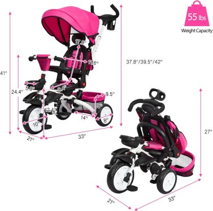 Babevy - Triciclo para bebé, 7 en 1, Plegable con Mango de Empuje Ajustable extraíble, toldo, Asiento Giratorio, arnés de Seguridad, portavasos y Almacenamiento, Triciclo para niños de 1 a 5 años