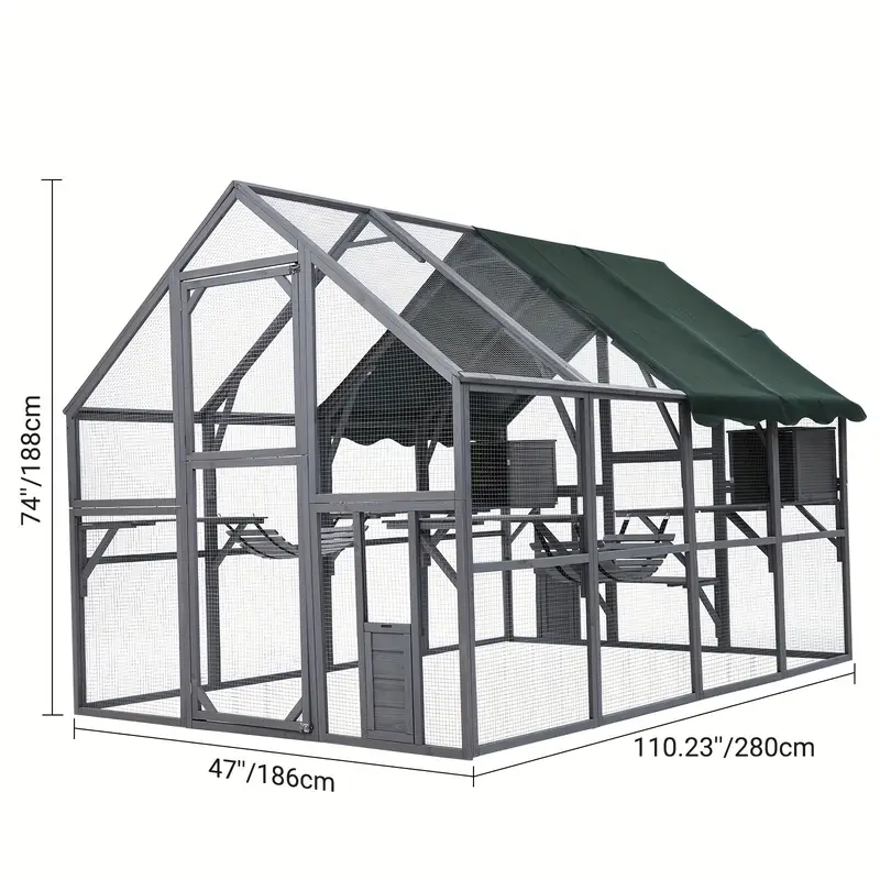 Gallinero de 110" para gatos, recinto grande para gatos, jaula de madera para gatos, conejera para conejos, casa para gatitos al aire libre con puentes, paseos, casitas, cubierta de techo.