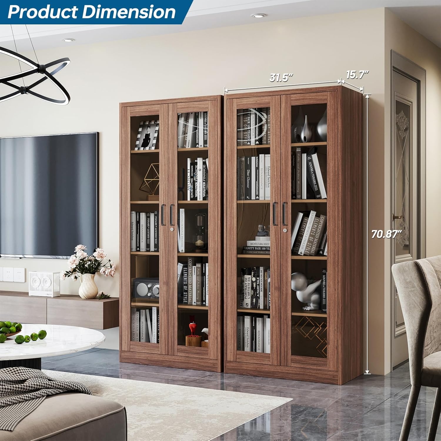 PEUKC - Vitrina con puertas de vidrio, vitrinas con 4 estantes ajustables y cerradura para el hogar, la oficina, la clínica, la despensa, requiere ensamblaje, negro, color madera