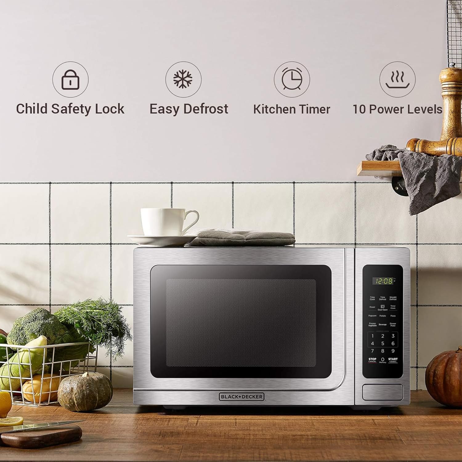 BLACK+DECKER EM720CB7 - Horno de microondas digital con puerta giratoria con botón pulsador, cerradura de seguridad infantil, 700 W, acero inoxidable, 0.7 pies cúbicos