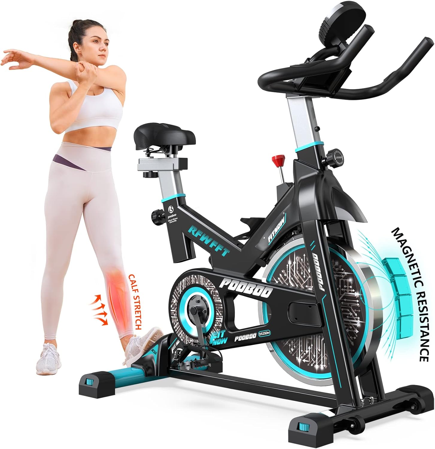 Pooboo - Bicicleta estática ajustable, magnética/almohadilla de freno, silenciosa transmisión por correa, bicicleta de ciclismo interior para el hogar, cardio, bicicleta estacionaria de fitness con