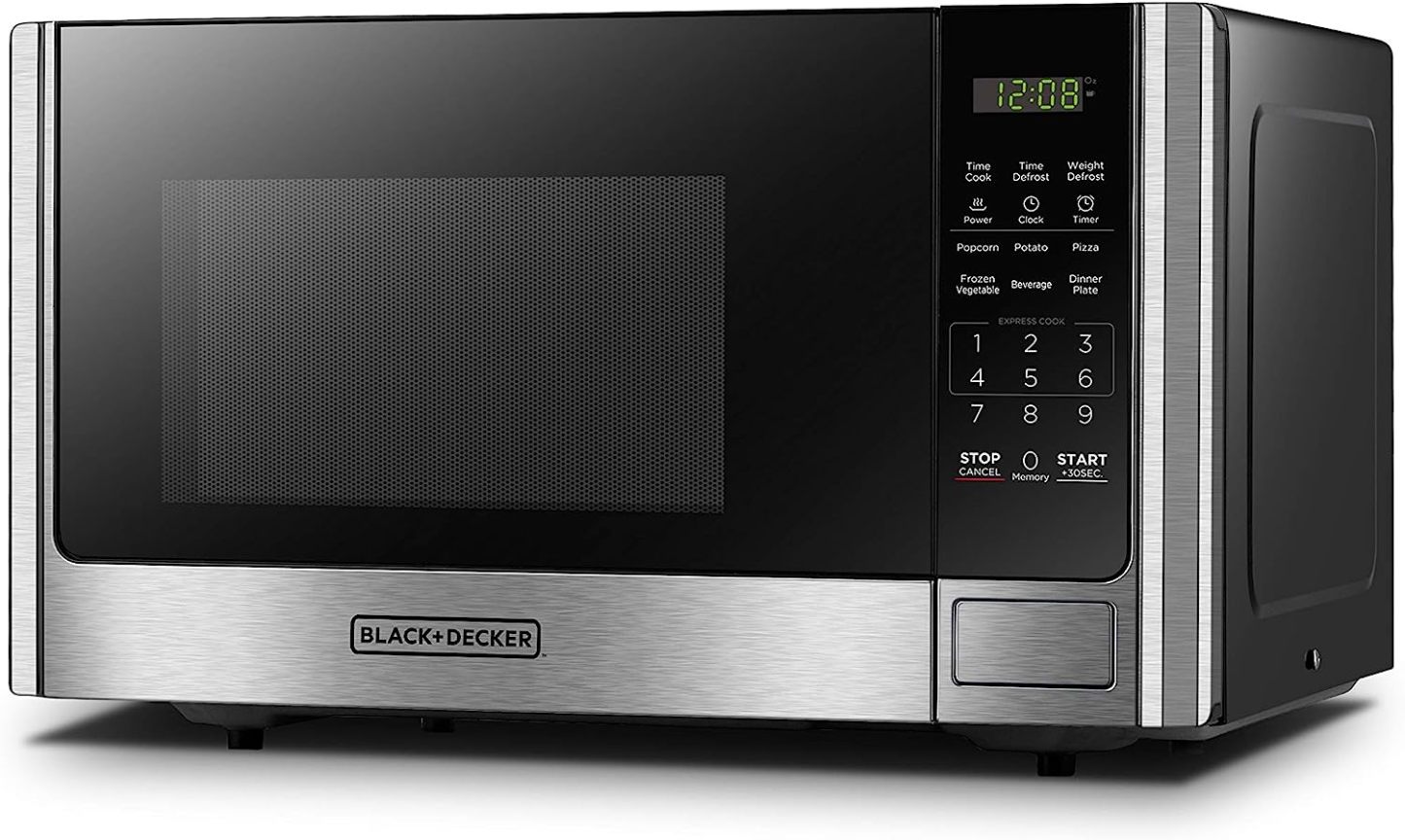 BLACK+DECKER EM720CB7 - Horno de microondas digital con puerta giratoria con botón pulsador, cerradura de seguridad infantil, 700 W, acero inoxidable, 0.7 pies cúbicos