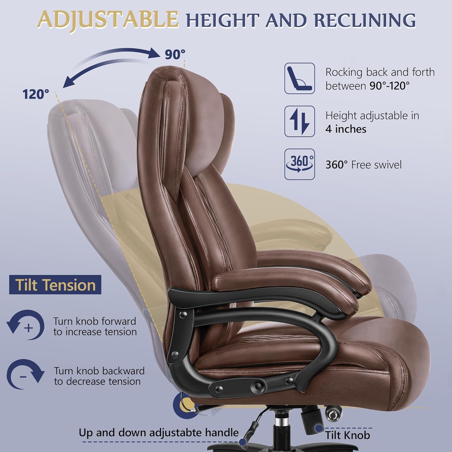 HeroSet - Silla de oficina grande y alta de 500 libras, silla de computadora ejecutiva resistente con soporte lumbar ajustable, cómodo cojín acolchado, silla ergonómica de piel sintética con asiento
