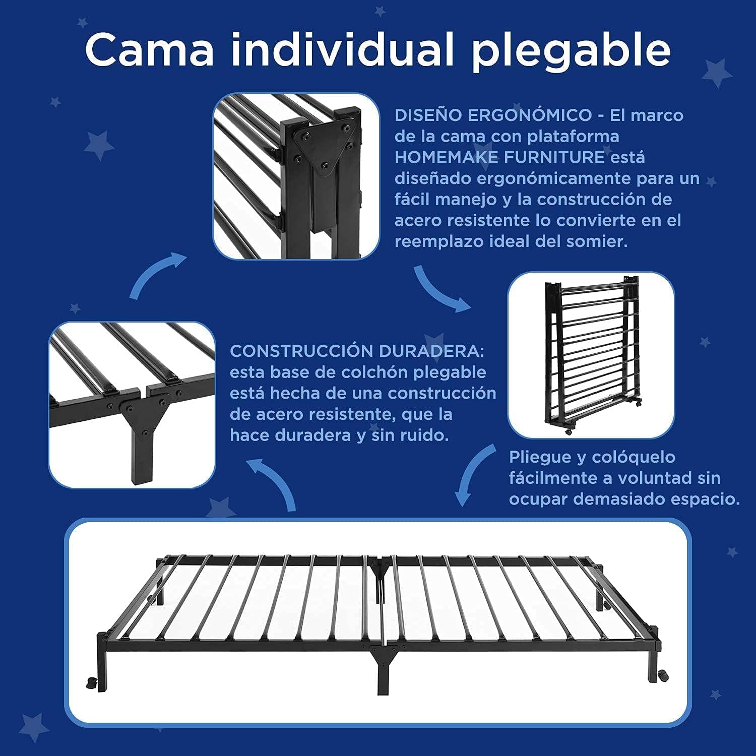 HOMEMAKE FURNITURE Marco de Cama de Metal, Cama Individual Plegable, Somier Individual Base de Cama, No Necesita Somier, Ahorra Espacio Almacenamiento, Negro