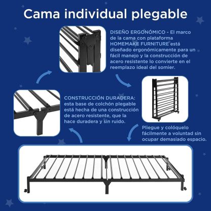 HOMEMAKE FURNITURE Marco de Cama de Metal, Cama Individual Plegable, Somier Individual Base de Cama, No Necesita Somier, Ahorra Espacio Almacenamiento, Negro