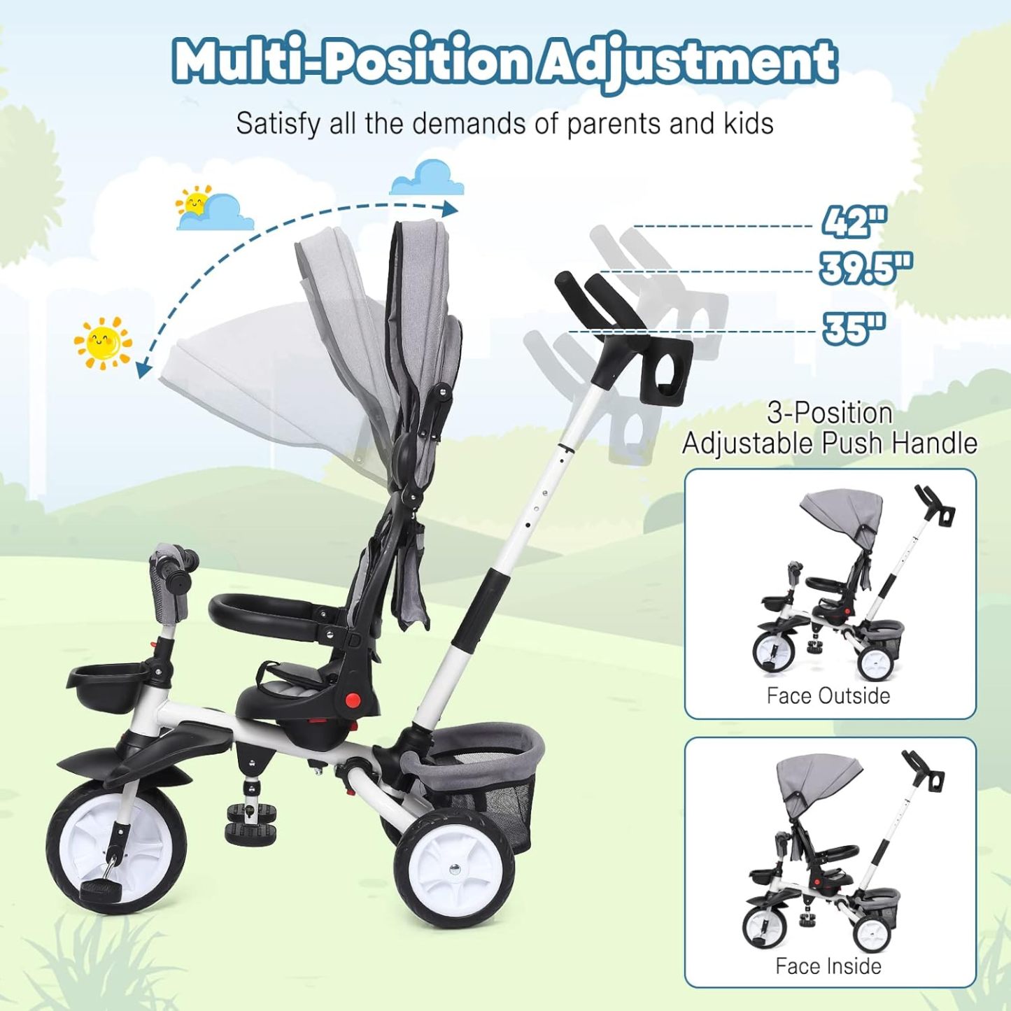 Babevy - Triciclo para bebé, 7 en 1, Plegable con Mango de Empuje Ajustable extraíble, toldo, Asiento Giratorio, arnés de Seguridad, portavasos y Almacenamiento, Triciclo para niños de 1 a 5 años