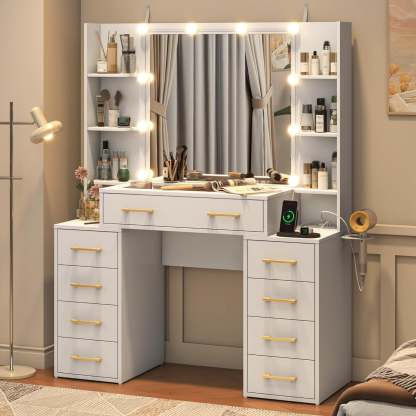 Tocador negro con espejo y luces LED, tocador con tapa de cristal con estación de carga y cajones de almacenamiento con compartimentos, mesa de tocador de maquillaje grande de 43 pulgadas con 9 cajones y 6 estantes