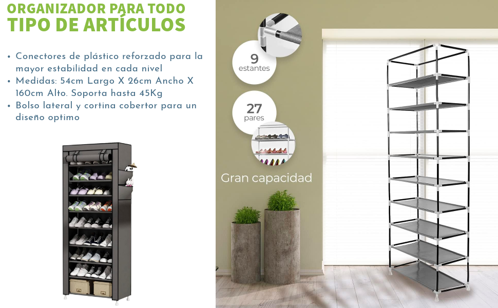 Raganet, Zapatera de 9 Niveles Closet Plegable Calzado Prendas Vestir, Estante Organizador Ajustable