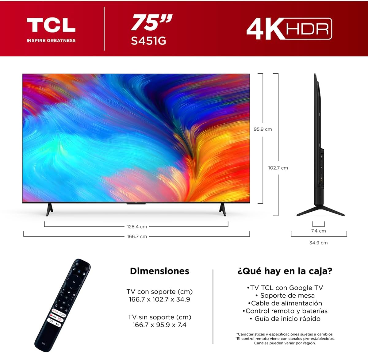 TCL Smart TV Pantalla 55" 55S451G Google TV 4K UHD Ultra HD | HDR 10 | 270 NITS 60 Hz | Dolby Audio Digital + | Compatible con Alexa