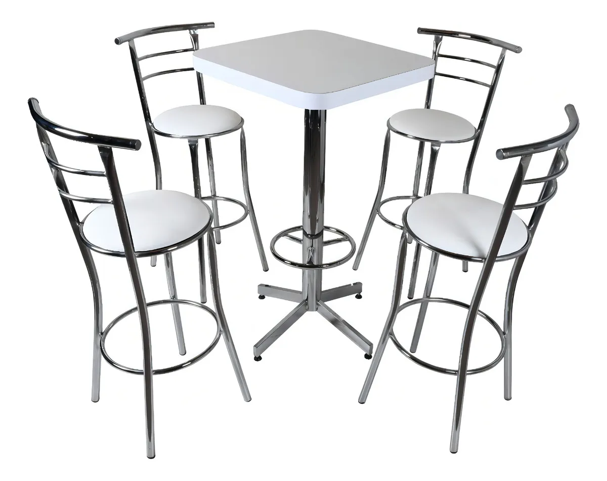 Mesa Periquera Con Bancos Restaurante Bar Lounge Cafetería Color Cromo/Negro