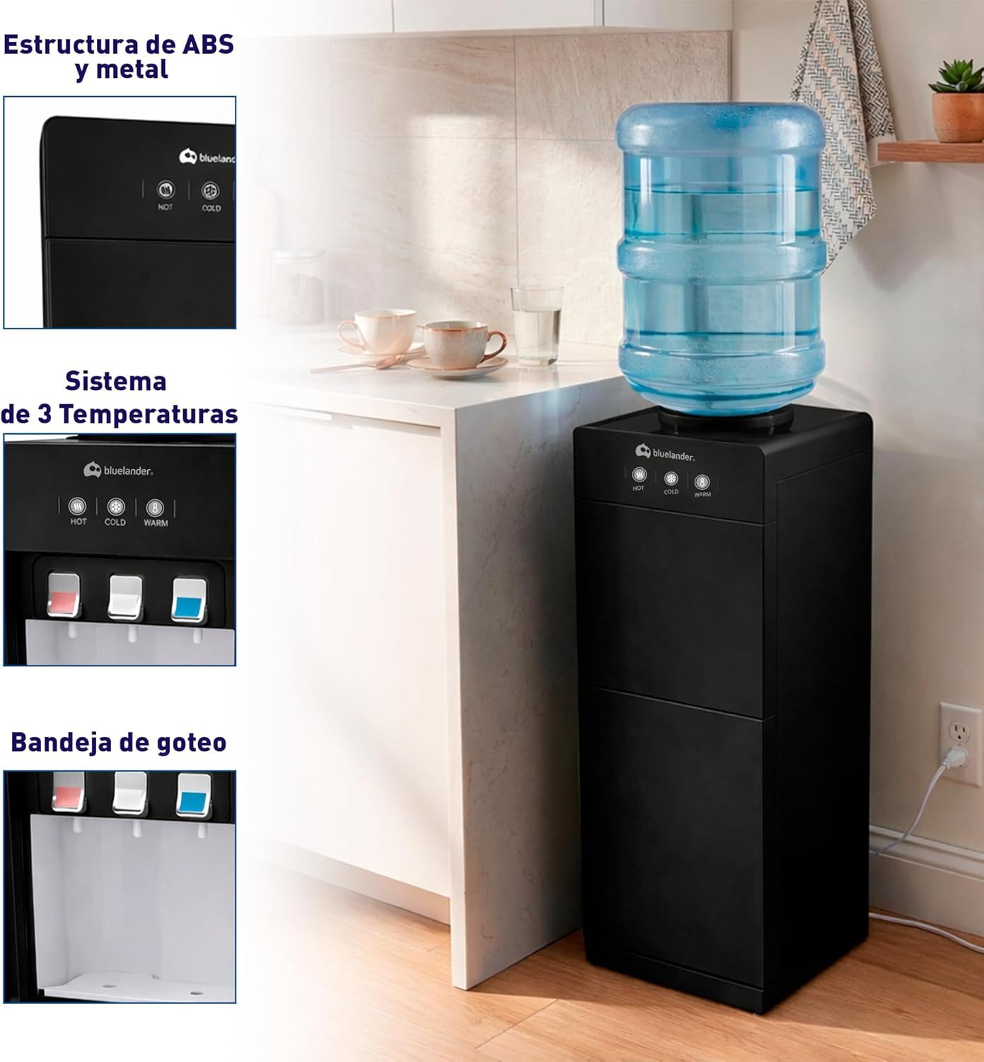 Bluelander Dispensador de Agua Garrafón 28 * 26 * 89 cm, 3 Ajustes de Temperatura (Fría, Caliente, Tibia), Despachador de Agua con Grifos Metálicos, Gabinete de Almacenamiento (Negro)