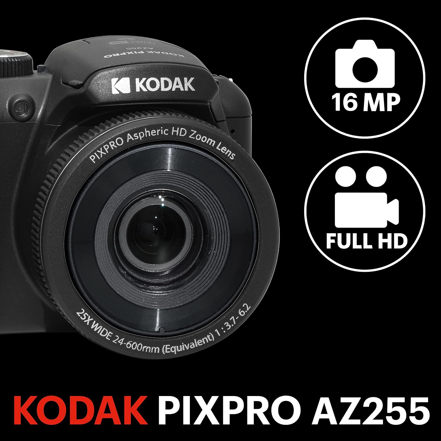 Kodak PIXPRO AZ255-WH Cámara Digital de 16 MP, Zoom óptico de 25 x 24 mm, Lente Gran Angular, estabilización óptica de Imagen, 1080P, Full HD, Video, cámara de vlogging LCD de 3 Pulgadas (Blanco)