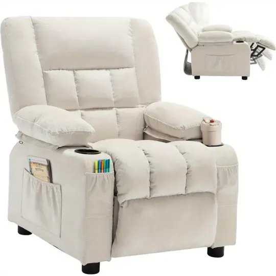 Silla reclinable para niños, sillón reclinable para niños pequeños con portavasos y bolsillos laterales, reposapiés y reposacabezas ajustables, sofá para niños para niños y niñas de 3 años en adelante