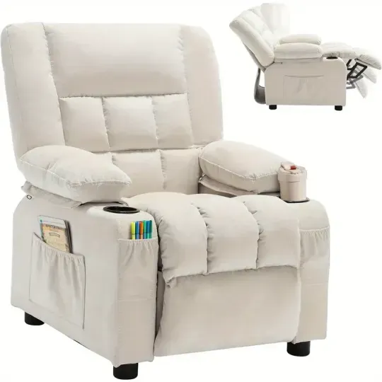 Silla reclinable para niños, sillón reclinable para niños pequeños con portavasos y bolsillos laterales, reposapiés y reposacabezas ajustables, sofá para niños para niños y niñas de 3 años en adelante