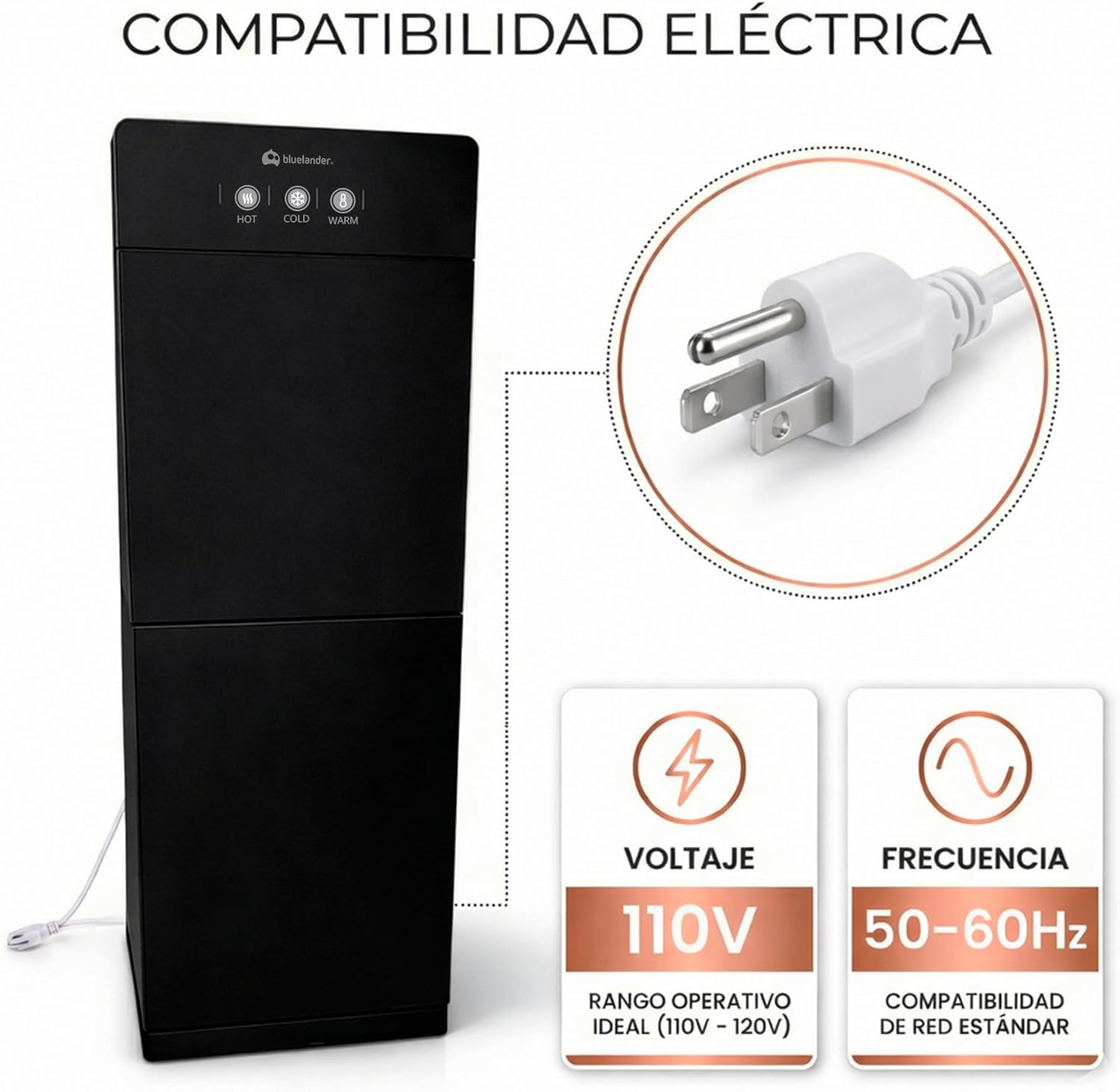 Bluelander Dispensador de Agua Garrafón 28 * 26 * 89 cm, 3 Ajustes de Temperatura (Fría, Caliente, Tibia), Despachador de Agua con Grifos Metálicos, Gabinete de Almacenamiento (Negro)