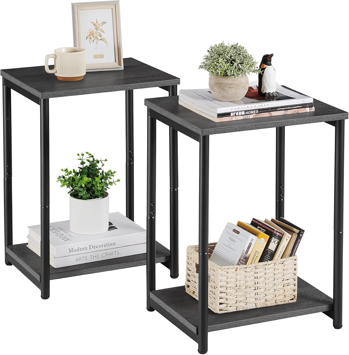 VASAGLE Mesas auxiliares, Juego de 2, Mesitas de Noche, con Estante de Almacenamiento, Marco de Acero, para Sala de Estar, Dormitorio, Estilo Industrial, Marrón Rústico y Negro MLET272B01