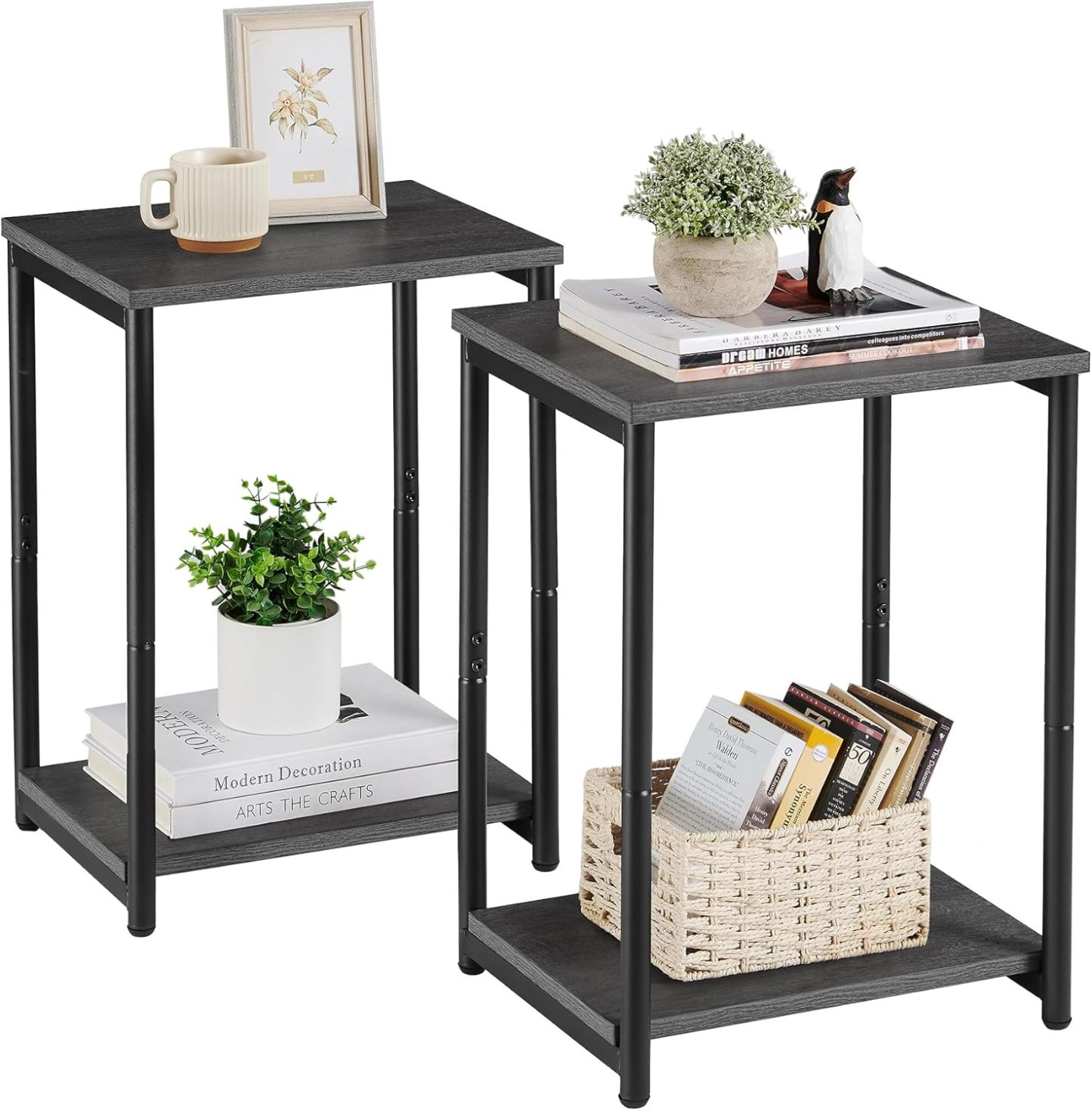 VASAGLE Mesas auxiliares, Juego de 2, Mesitas de Noche, con Estante de Almacenamiento, Marco de Acero, para Sala de Estar, Dormitorio, Estilo Industrial, Marrón Rústico y Negro MLET272B01