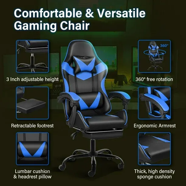Silla de juego YSSOA Racing Style ajustable con reposapiés negro/azul