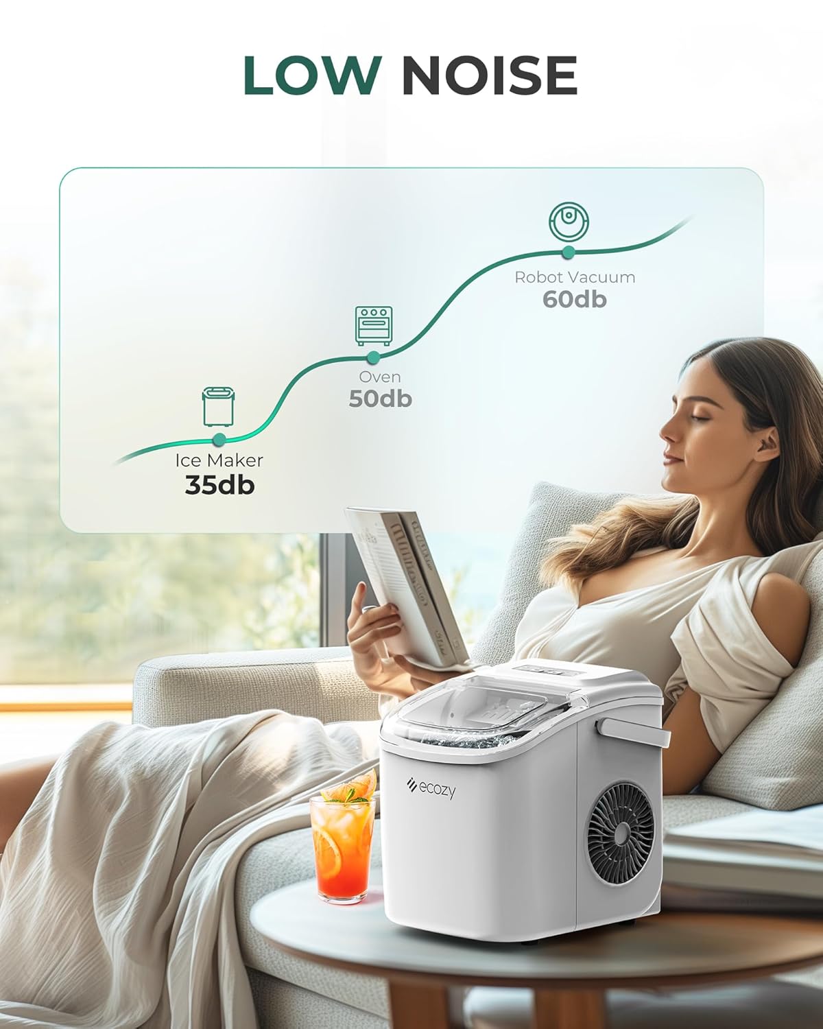ecozy Maquina de Hielo - 9 Cubos de Hielo en 6 Minutos Ice Maker, Producción Diaria de 26 lbs, Autolimpieza con Bolsas de Hielo, Cuchara y Canasta para Cocina, Oficina, Bar, Fiesta - Negra