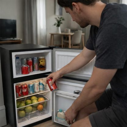 JOLBIRD Frigobar Minibar 80L con Congelador Compacto Silencioso Temperatura Ajustable Bajo Consumo 110V Ideal para Oficina Recámara Hotel y Negocio Enfriador de Bebidas y Alimentos (Negro)