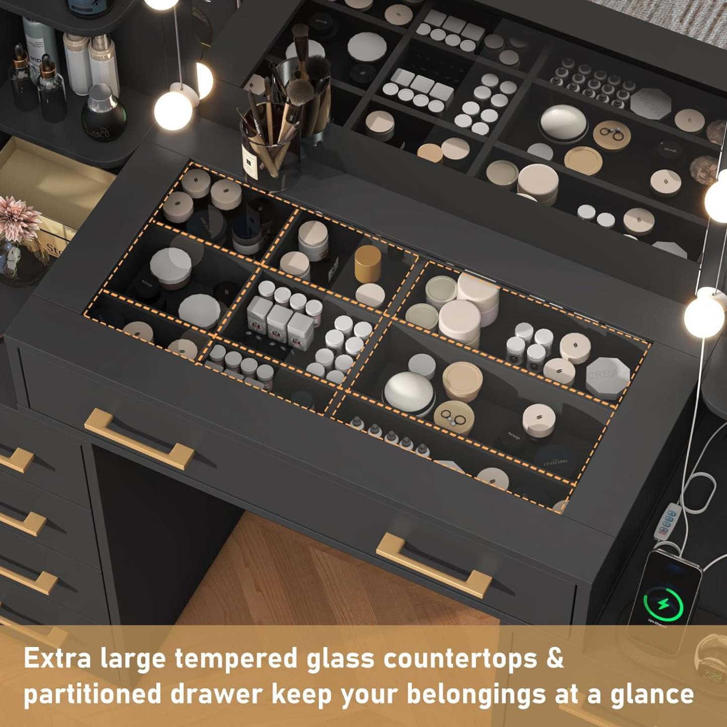 Tocador negro con espejo y luces LED, tocador con tapa de cristal con estación de carga y cajones de almacenamiento con compartimentos, mesa de tocador de maquillaje grande de 43 pulgadas con 9 cajones y 6 estantes