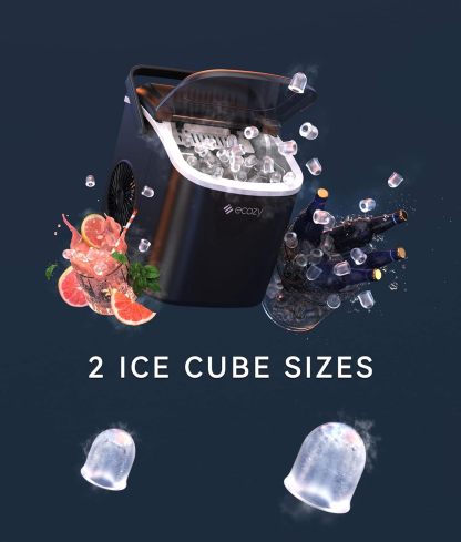 ecozy Maquina de Hielo - 9 Cubos de Hielo en 6 Minutos Ice Maker, Producción Diaria de 26 lbs, Autolimpieza con Bolsas de Hielo, Cuchara y Canasta para Cocina, Oficina, Bar, Fiesta - Negra