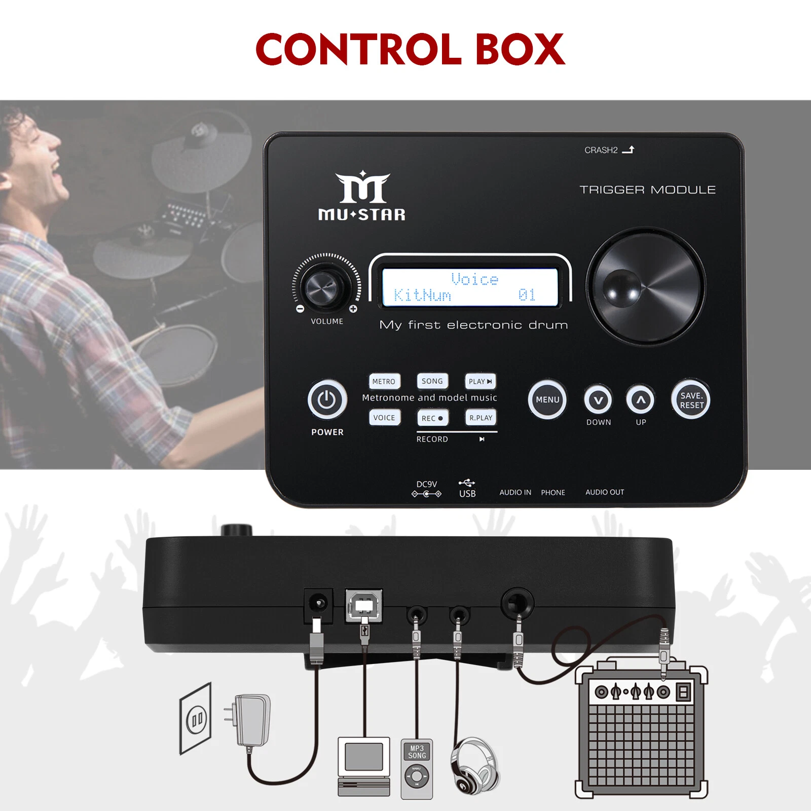 Juego de batería eléctrica almohadillas de malla caja de doble zona con USB MIDI, 2 pedales, auriculares
